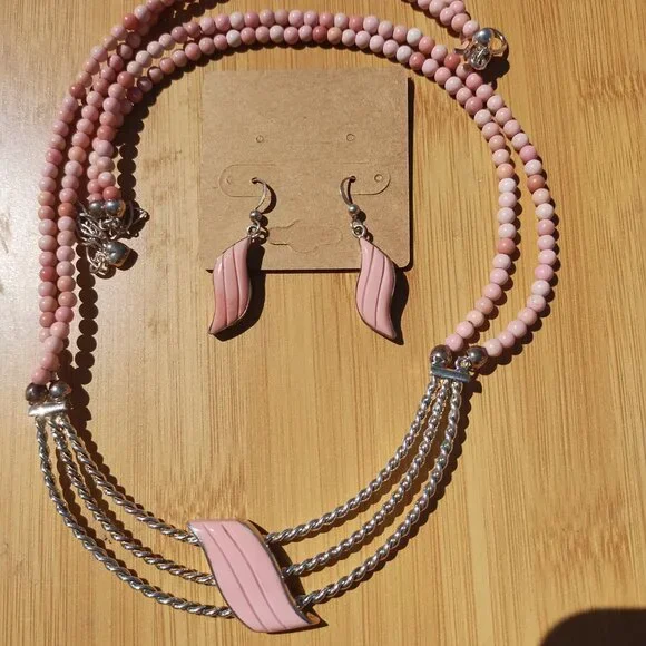 Jay King DTR mine finds carved Wave Pink Opal Necklace Earrings set 925 rare - Picture 6 of 11